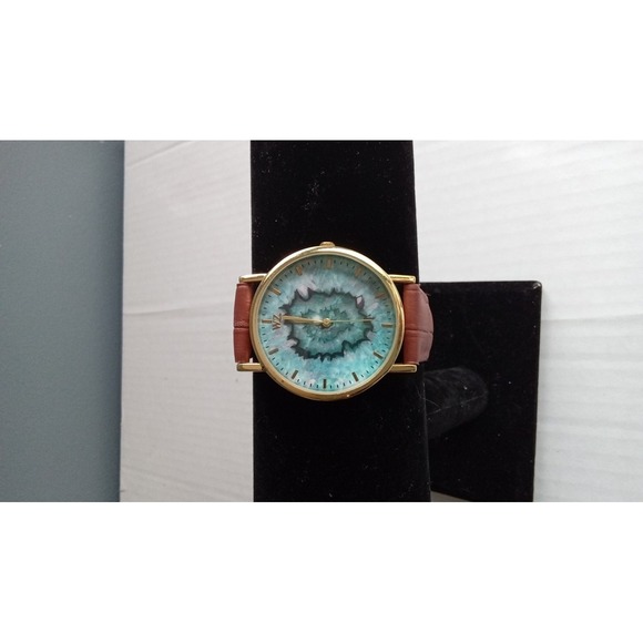 WZ‎ Agate Stone Watch Gold Tone Bezel Brown Leather Band Fashion main image 4
